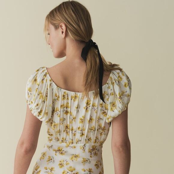 NWT Doen Sera Silk Short Puff Sleeve V Neck Mini Dress Gold Frolicking Floral - Picture 3 of 11